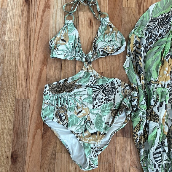 AERIE WOMENS ONE PIECE BATHING SUIT JUNGLE LEOPARD GREEN MEDIUM INCLUDES KIMONO - Picture 5 of 10